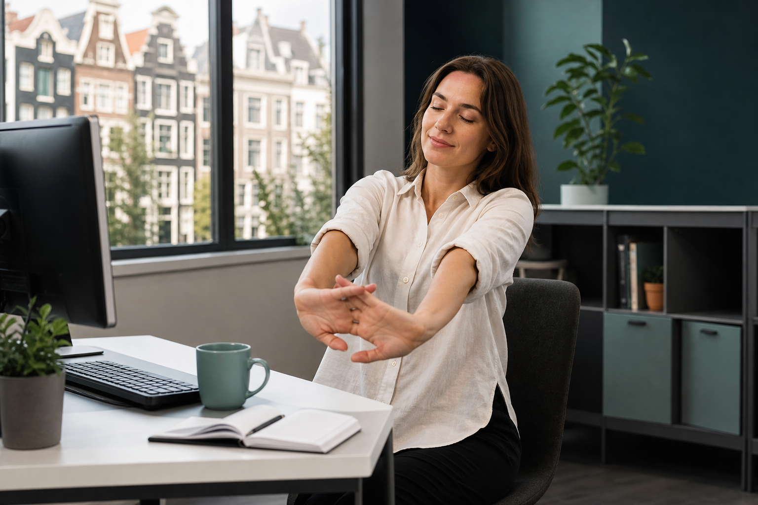 Office worker performing a guided desk stretch session